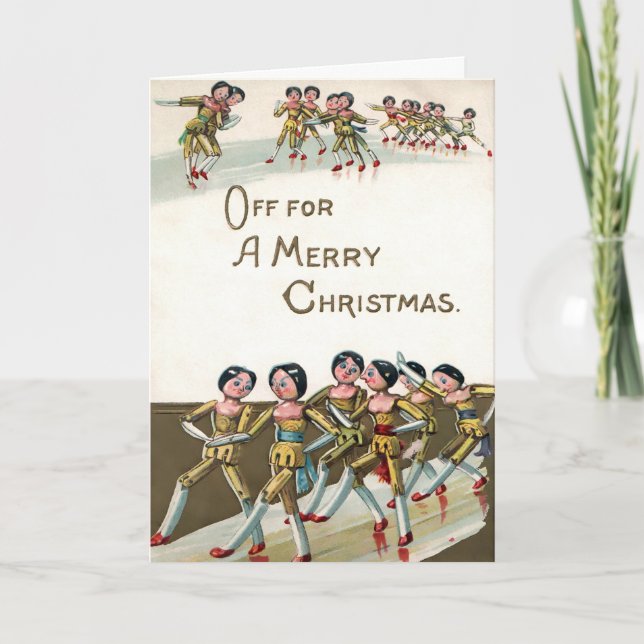 Vintage Marching Wooden Dolls Christmas Card (Front)