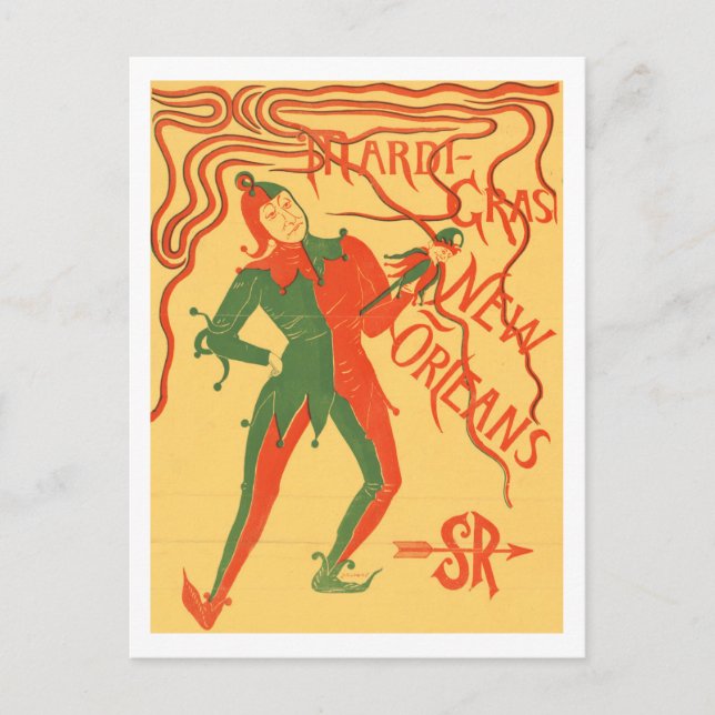Vintage Mardi Gras jester colour illustration Postcard (Front)
