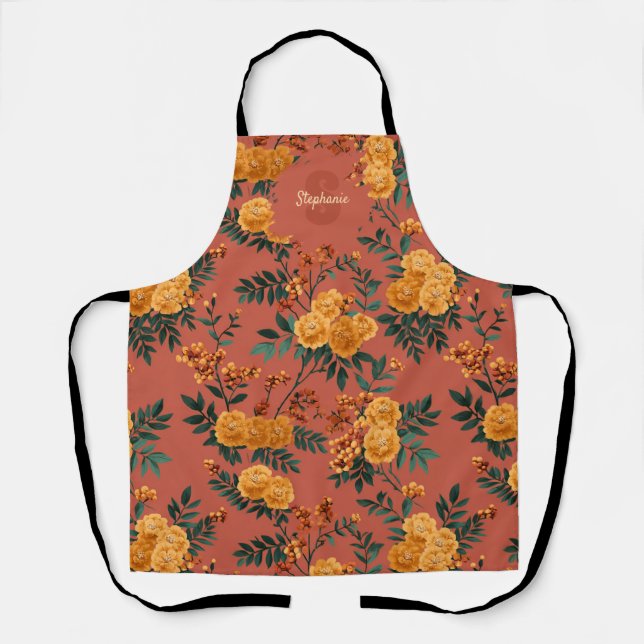 Vintage Marigold Calendula Floral Pattern Apron (Front)