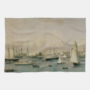 Vintage Maritime, Yacht Squadron at Newport Harbou Tea Towel