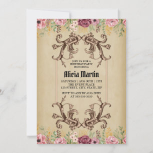 Vintage Maroon Gold Flora Parchment Birthday  Invitation