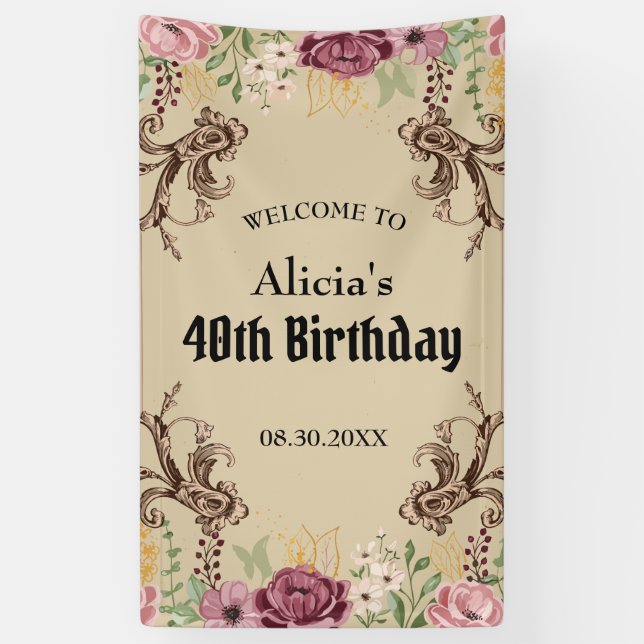 Vintage Maroon Gold Flower Parchment Birthday Banner (Vertical)