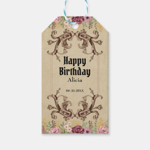 Vintage Maroon Gold Flower Parchment Birthday Gift Tags
