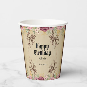 Vintage Maroon Gold Flower Parchment Birthday Paper Cups