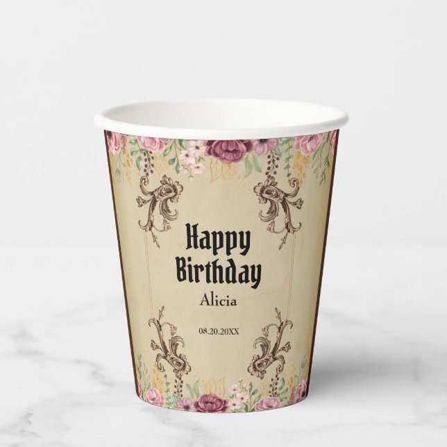 Vintage Maroon Gold Flower Parchment Birthday Paper Cups (Front)