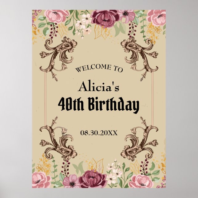 Vintage Maroon Gold Flower Parchment Birthday Poster (Front)