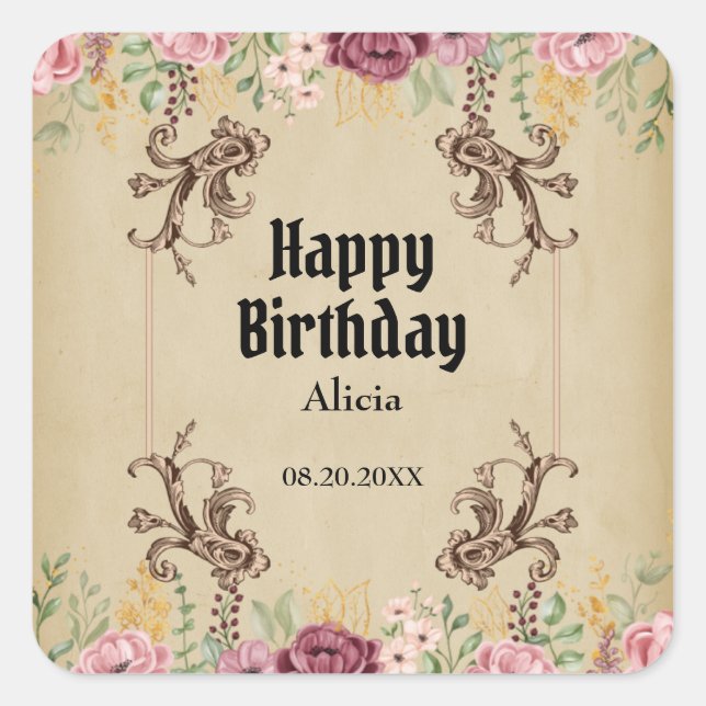 Vintage Maroon Gold Flower Parchment Birthday Square Sticker (Front)