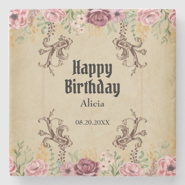 Vintage Maroon Gold Flower Parchment Birthday Stone Coaster (Front)