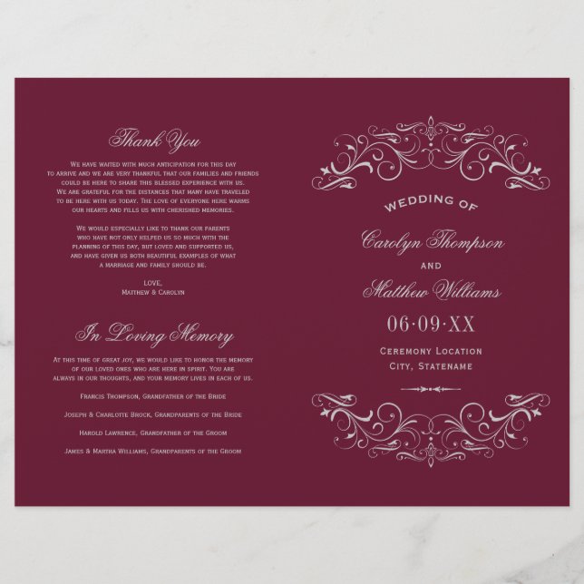 Vintage Maroon Silver Wedding Programs (Front)