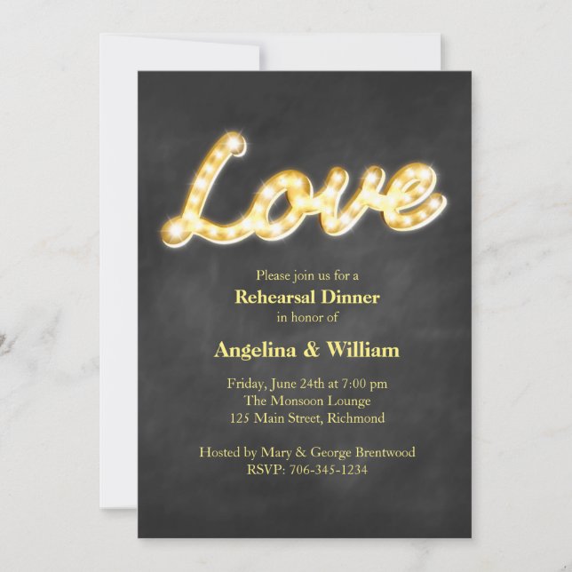 Vintage Marquee Lights Rehearsal Dinner Invite (Front)