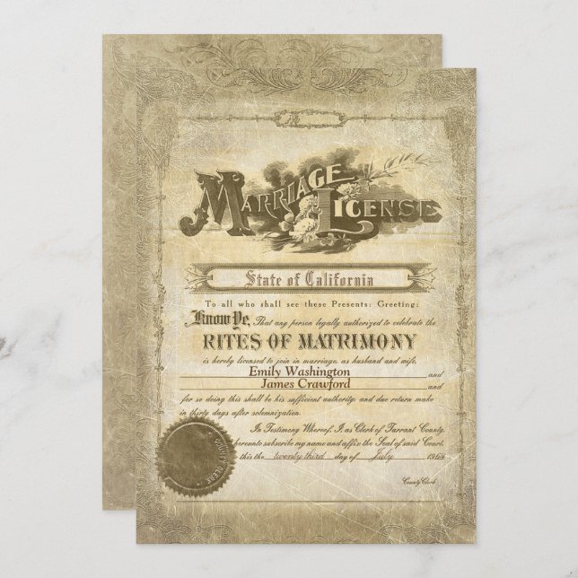 Vintage Marriage Certificate Invitation (Front/Back)