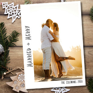 Vintage Married and Merry Minimalist Light Grey Holiday Card