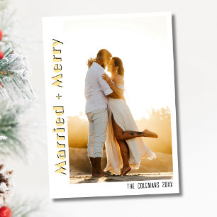 Vintage Married and Merry Minimalist Soft Gold Holiday Card