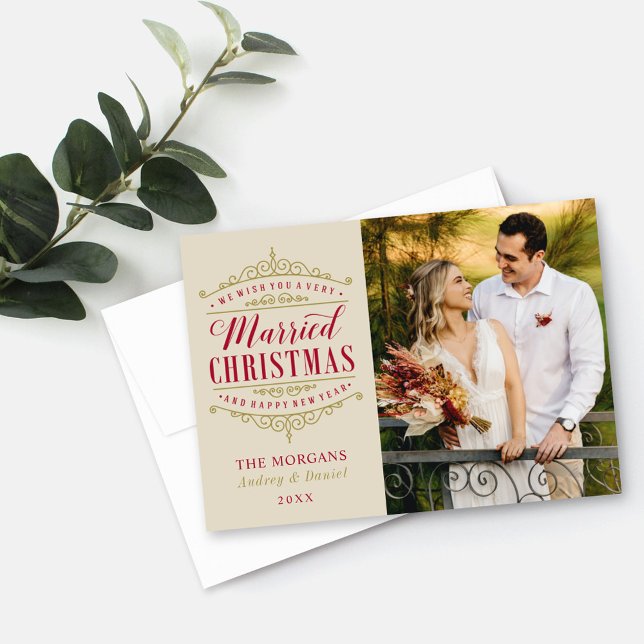 Vintage Married Christmas Wedding Photo Holiday Card (Creator Uploaded)