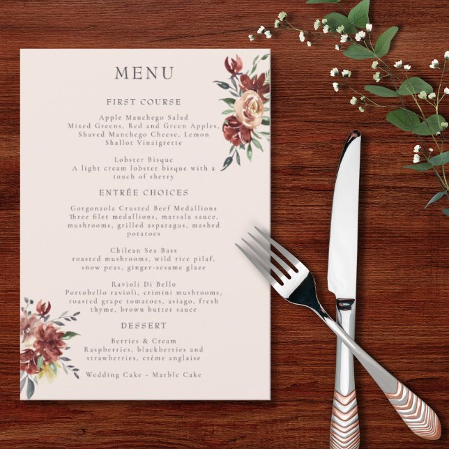 Vintage Marsala Blush Pewter Floral Menu (Creator Uploaded)