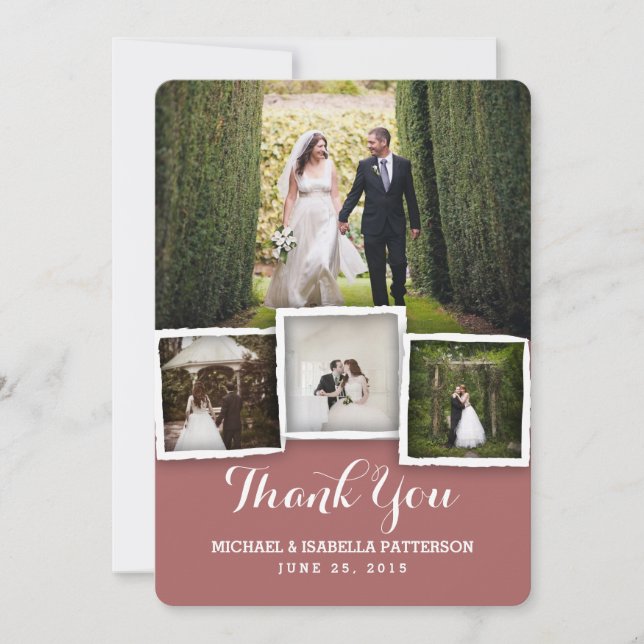Vintage Marsala Wedding Photo Thank You Card (Front)
