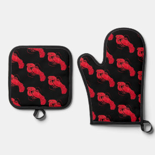 Vintage Marsden Hartley Red Lobster on Black Art Oven Mitt & Pot Holder Set