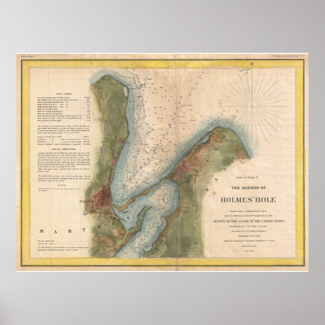 Vintage Martha's Vineyard Holmes Hole Map (1847) Poster (Front)