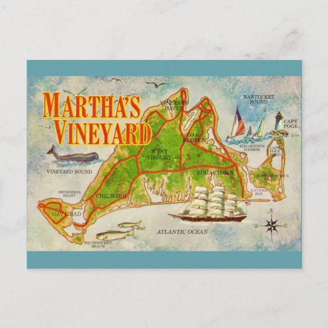 Vintage Martha's Vineyard Map Postcard (Front)
