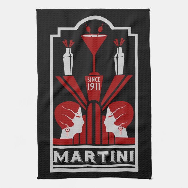 Vintage Martini Art Deco Tea Towel (Vertical)