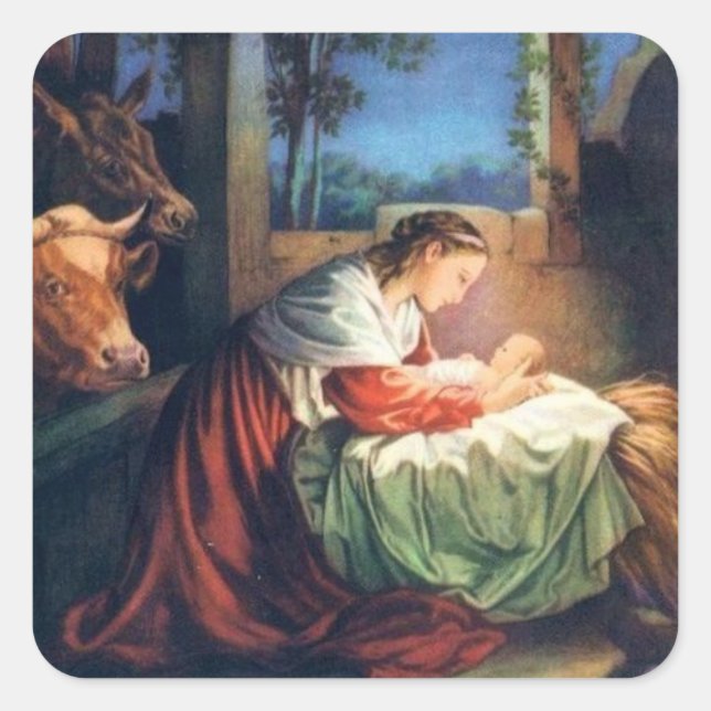 Vintage Mary and Baby Jesus Square Sticker (Front)