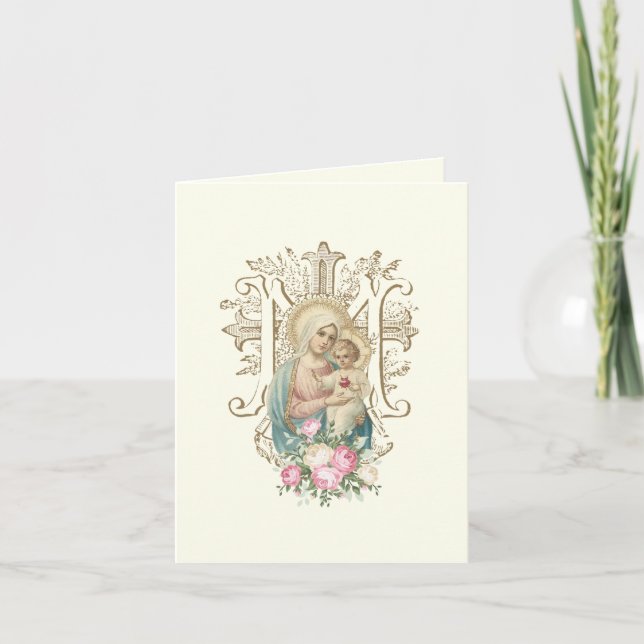 Vintage Mary and Child Religious Floral Card (Front)