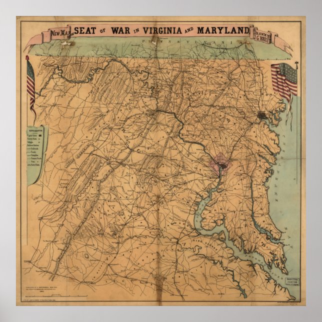 Vintage Maryland & Virginia Civil War Battles Map Poster (Front)