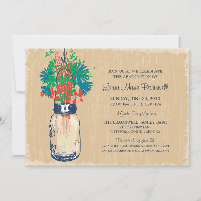 Vintage Mason Jar and Wildflowers Graduation Invitation (Front)