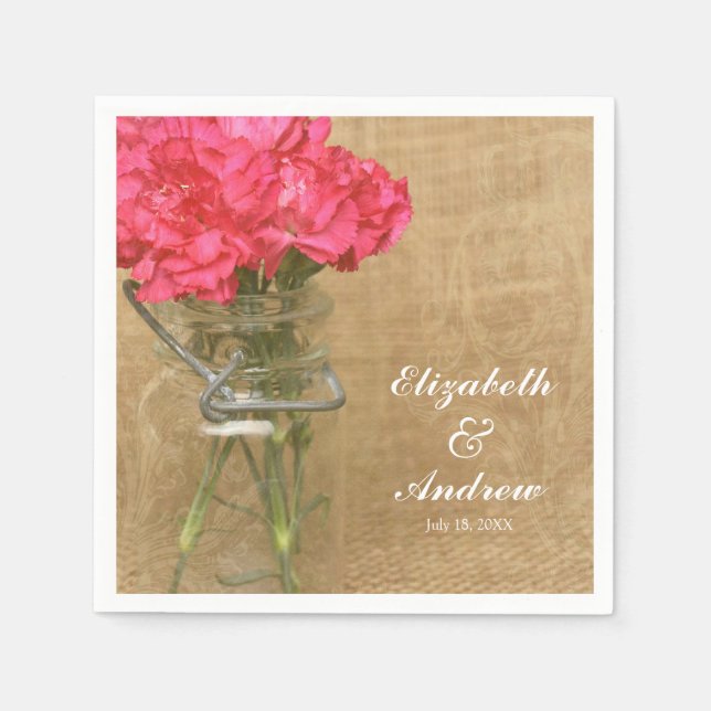 Vintage Mason Jar Pink Flower Personalised Wedding Napkin (Front)