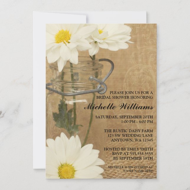 Vintage Mason Jar White Daisies Bridal Shower Invitation (Front)
