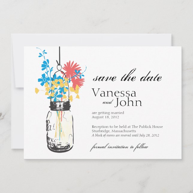 Vintage Mason Jar & Wild Flowers Save the Date (Front)