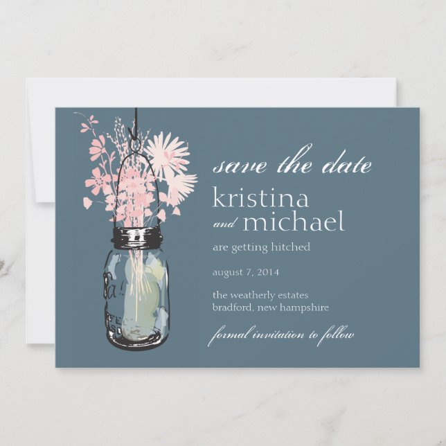 Vintage Mason Jar & Wild Flowers Save the Date (Front)