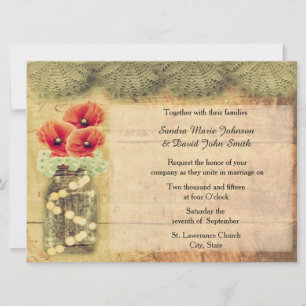 Vintage Mason Jar With Poppies Wedding Invitation
