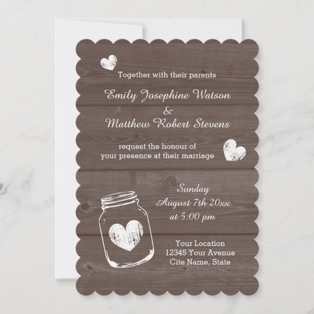 Vintage mason jar wood grain wedding invitations (Front)