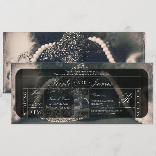 Vintage Masquerade & Pearls Wedding Invitation (Front/Back)