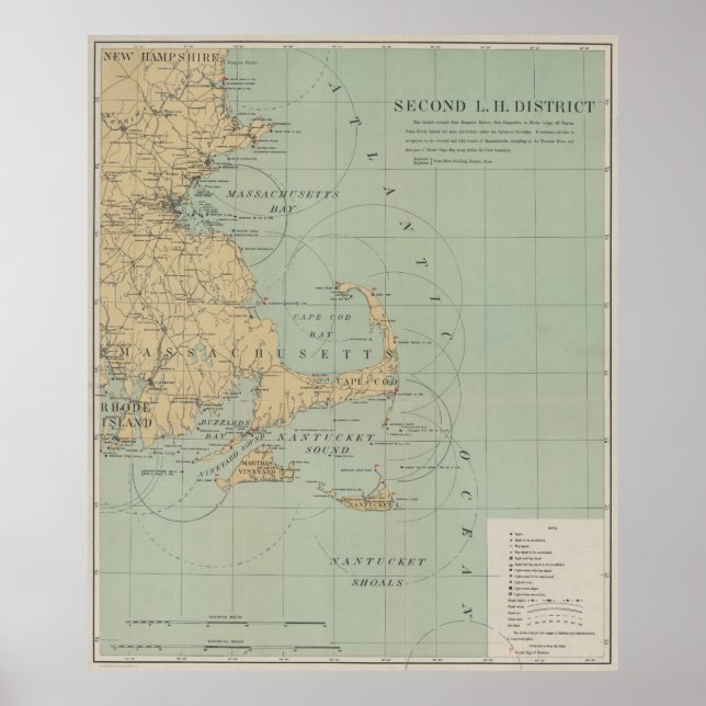 Vintage Massachusetts Lighthouse Map (1898) Poster (Front)