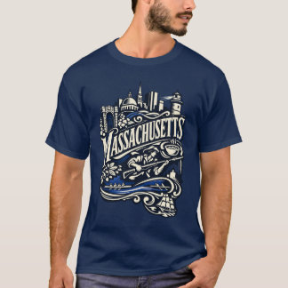 Vintage Massachusetts State Heritage Woodcut Art T-Shirt