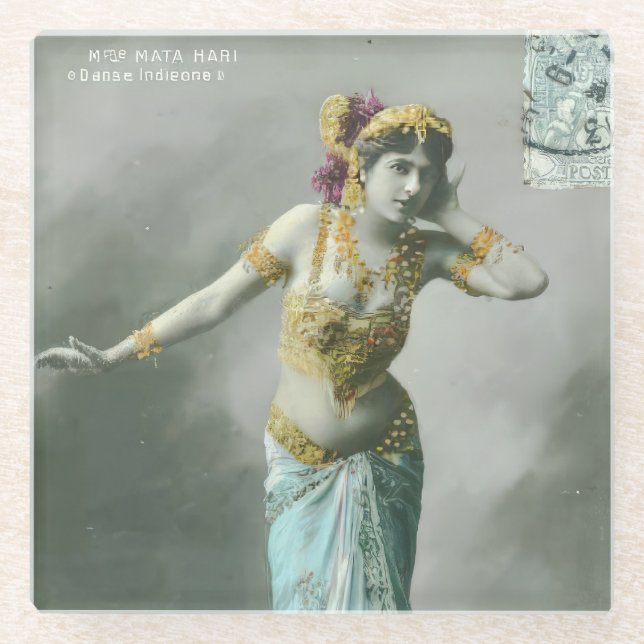 Vintage Mata Hari Postcard Glass Coaster (Front)