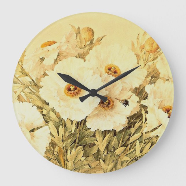 Vintage Matilija Poppies Large Clock (Front)