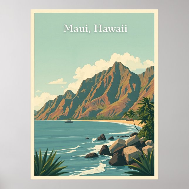 Vintage Maui, Hawaii Travel Illustration Poster (Front)
