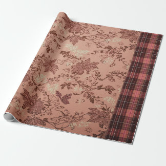 Vintage Mauve Floral Chintz and Plaid Wrapping Pap Paper