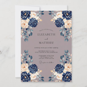 Vintage Mauve Indigo Peony Wedding Invitation