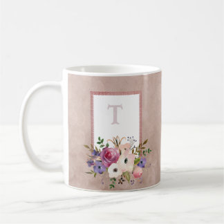 Vintage Mauve Watercolor Floral  Initial 2 Coffee Mug