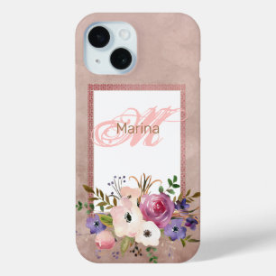 Vintage Mauve Watercolor Floral Initial  iPhone 15 Case