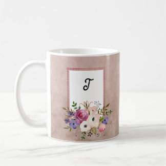 Vintage Mauve Watercolor Floral  Initial Coffee Mug