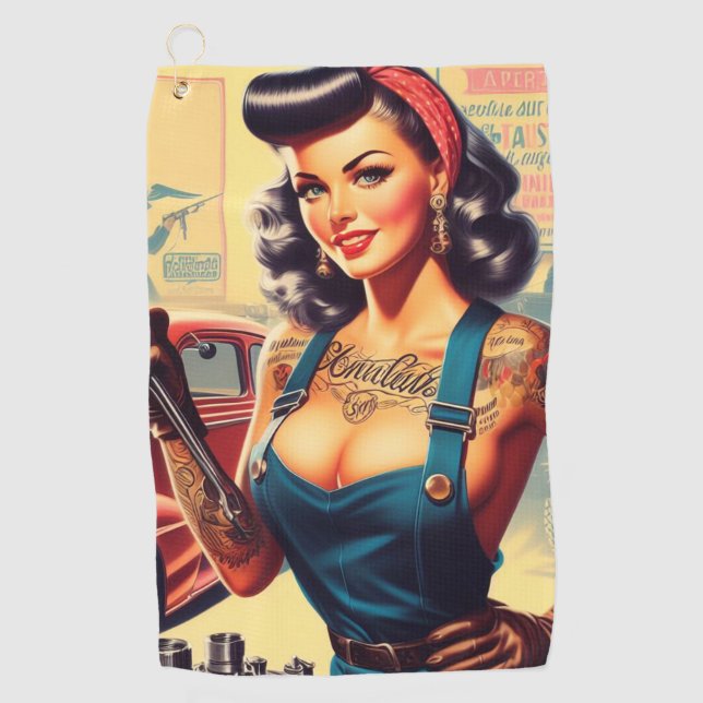 Vintage Mechanic Pin-up Golf Towel (Front)