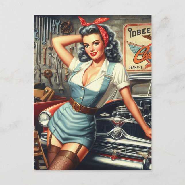 Vintage Mechanic Pin Up Postcard (Front)