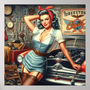 Vintage Mechanic Pin Up Poster