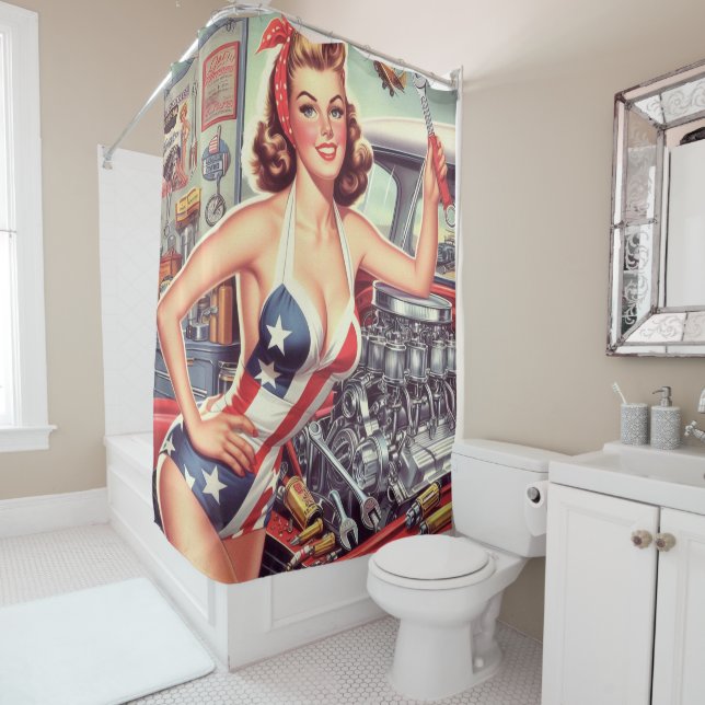Vintage Mechanic Pin-up Shower Curtain (In Situ)