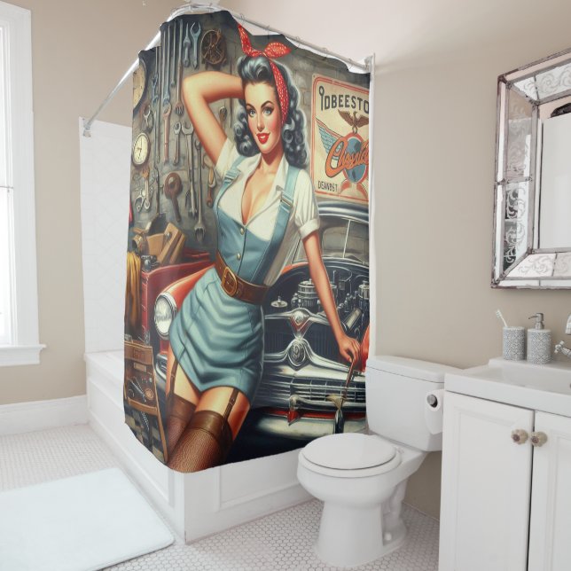 Vintage Mechanic Pin Up Shower Curtain (In Situ)